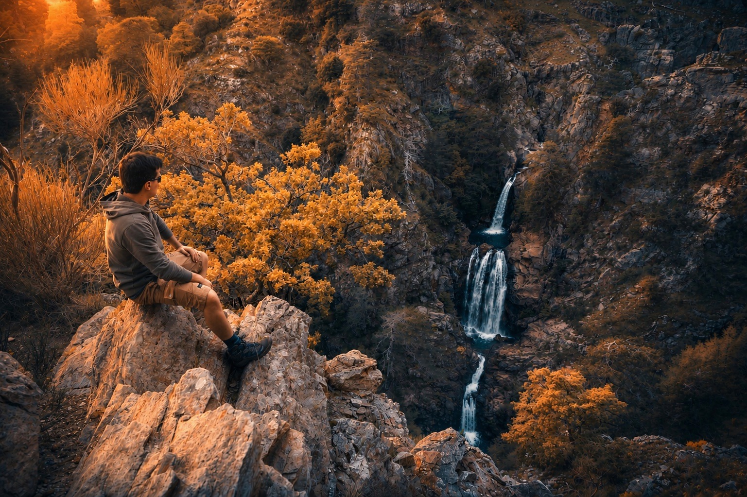 Davide in cammino davanti a una cascata in Calabria